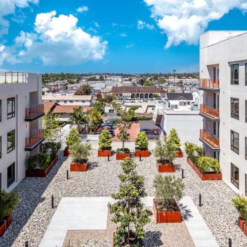a courtyard between buildings